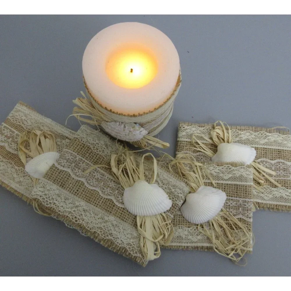 Beach Wedding/Party/Decor Rustic Candle Wraps Burlap Lace Raffia Shell Set of 5
